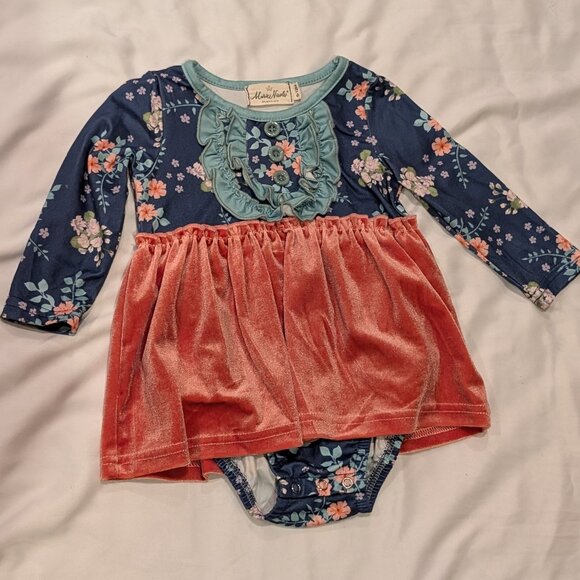 Marie Nicole Rose Velvet & Blue Floral Ruffle Bubble 6-12 mos - Picture 1 of 4